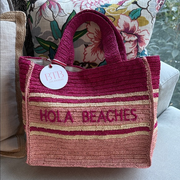 Btb Los Angeles Handbags - Hola Beaches BTB Los Angeles Pink and Cream Tote Bag Snap Top NWT